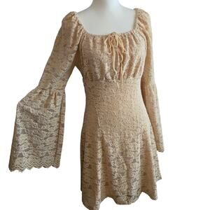 Coquette Romantic Velvet Lace Overlay Flare Sleeve Babydoll Dress S Cream NWT